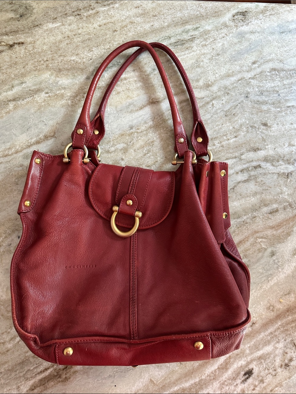 Deep Red Leather Shoulder Tote with Gold Ring Accent